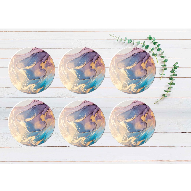 Beige Pink Blue Gold Fluid Abstract Coasters Wood & Rubber - Set of 6 Coasters