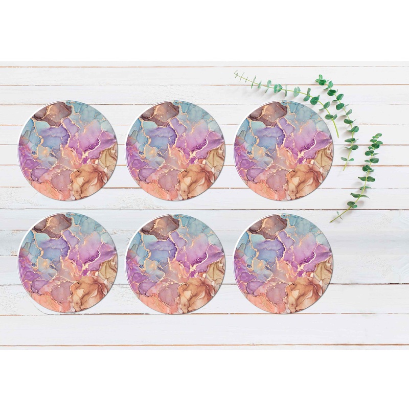 Beige Purple Blue Green Abstract Coasters Wood & Rubber - Set of 6 Coasters