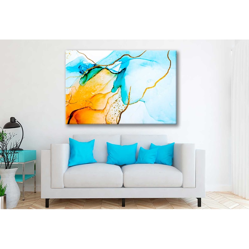 Bella Home Blue & Gold Colorful Abstract Print Canvas Ready to hang