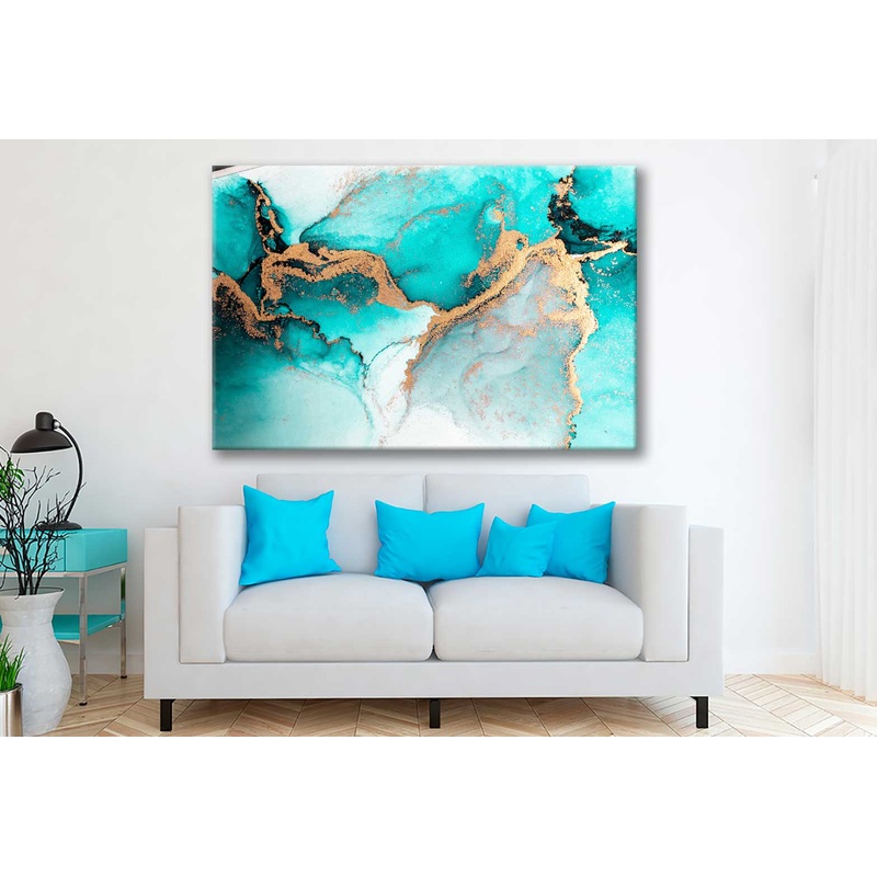 Bella Home Ocean Blue & Gold Marble Abstract Print Canvas Ready to hang