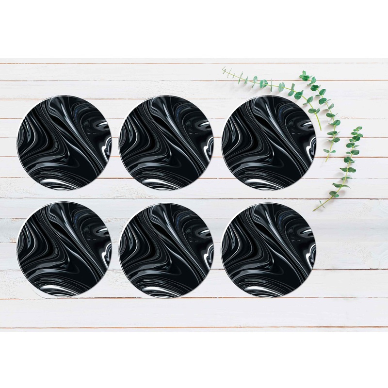 Black Grey Fluid Abstract Design Coasters Wood & Rubber - Set of 6 Coasters