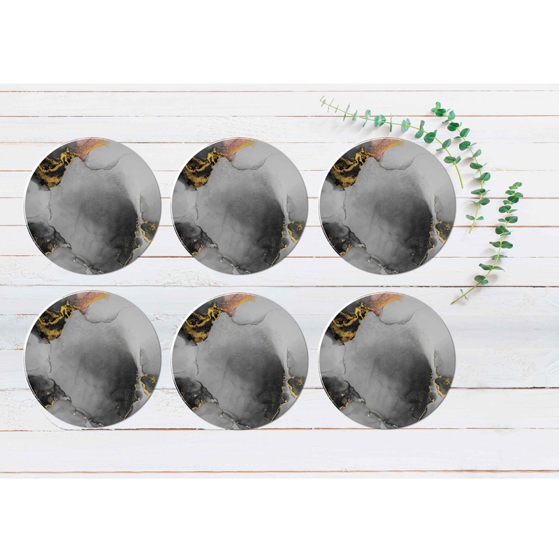 Black Grey Gold Splash Abstract Coasters Wood & Rubber - Set of 6 Coasters