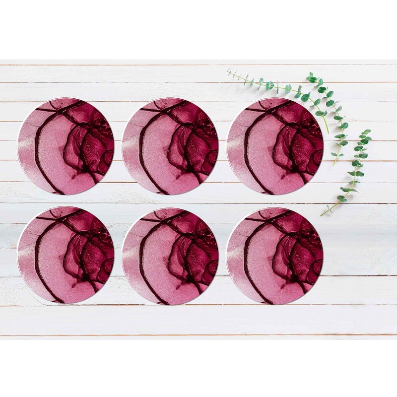 Black Lines & Pink Abstract Design Coasters Wood & Rubber - Set of 6 Coasters