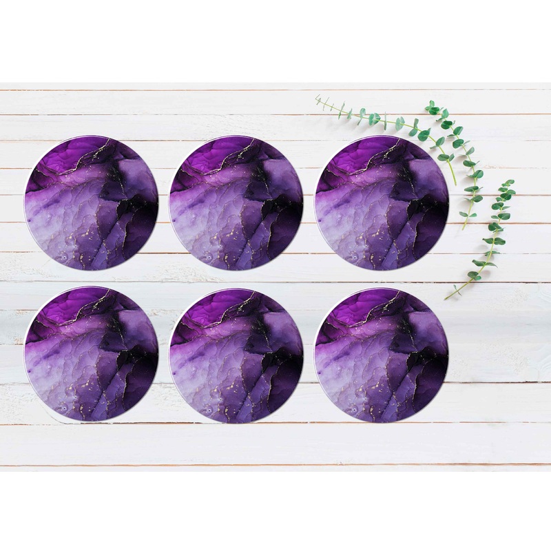 Black Purple Gold Lines Marble Design Coasters Wood & Rubber - Set of 6 Coasters