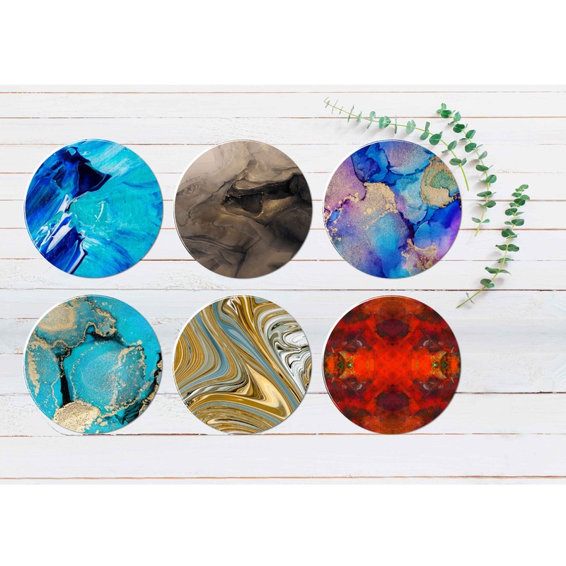 Blue Brown Gold Red Liquid Abstract Coasters Wood & Rubber - Set of 6 Coasters