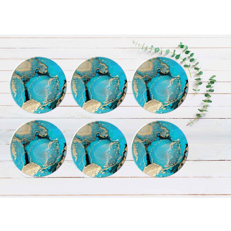 Blue Gold Splash Abstract Design Coasters Wood & Rubber - Set of 6 Coasters