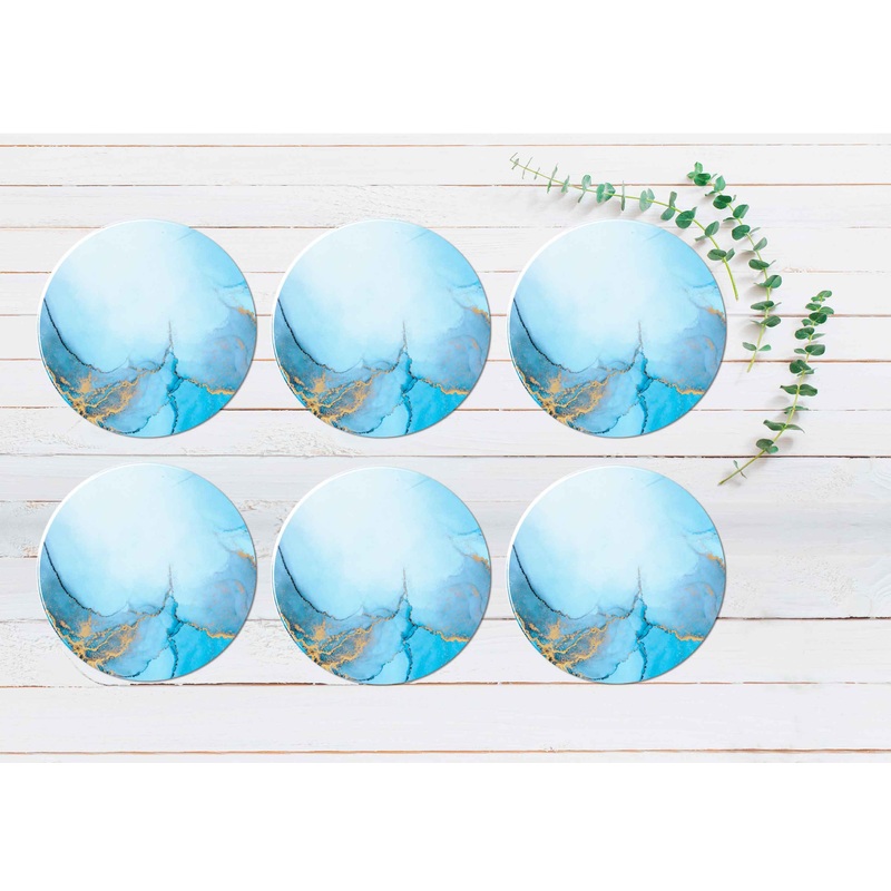 Blue Gold Splash Marble Ink Abstract Coasters Wood & Rubber - Set of 6 Coasters