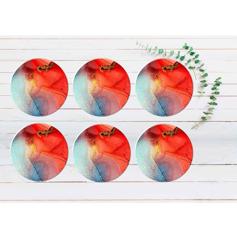 Blue Gold Splash Red Abstract Design Coasters Wood & Rubber - Set of 6 Coasters