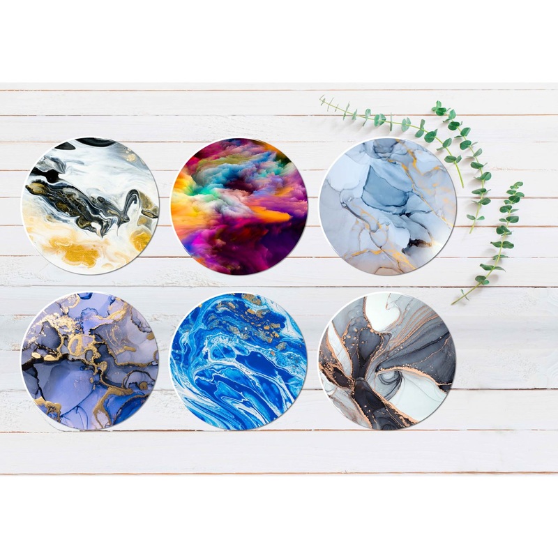 Blue Gold Yellow Abstract Design Coasters Wood & Rubber - Set of 6 Coasters
