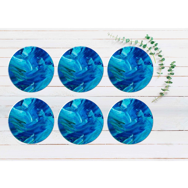 Blue Green Abstract Brush Strokes Coasters Wood & Rubber - Set of 6 Coasters