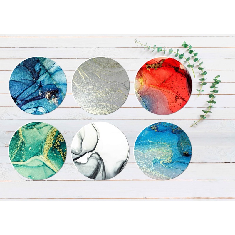 Blue Grey Red Green Gold Abstract Coasters Wood & Rubber - Set of 6 Coasters