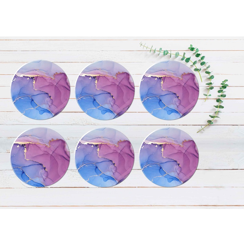 Blue Pink Gold Splash Abstract Coasters Wood & Rubber - Set of 6 Coasters
