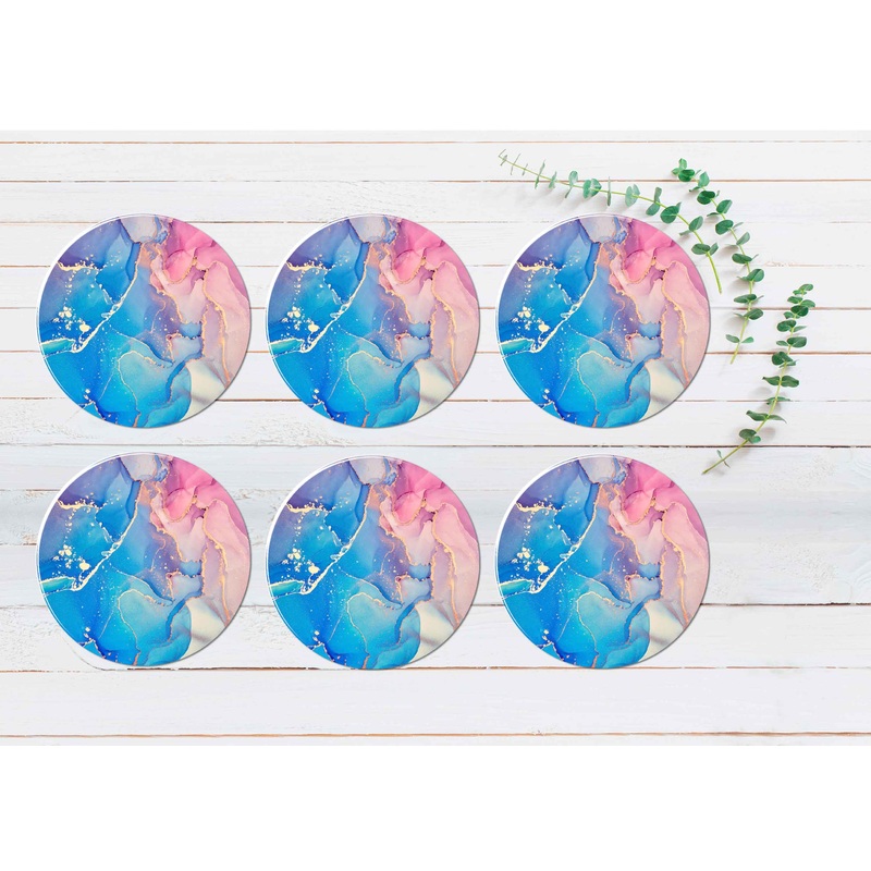 Blue Pink Purple & Gold Lines Marble Coasters Wood & Rubber - Set of 6 Coasters