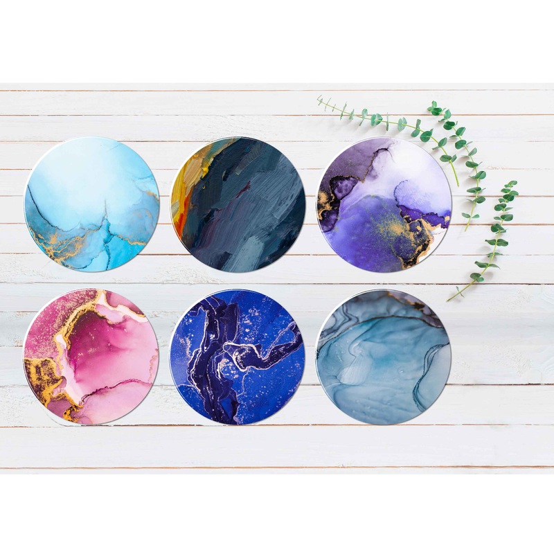 Blue Purple Pink Gold Fluid Abstract Coasters Wood & Rubber - Set of 6 Coasters