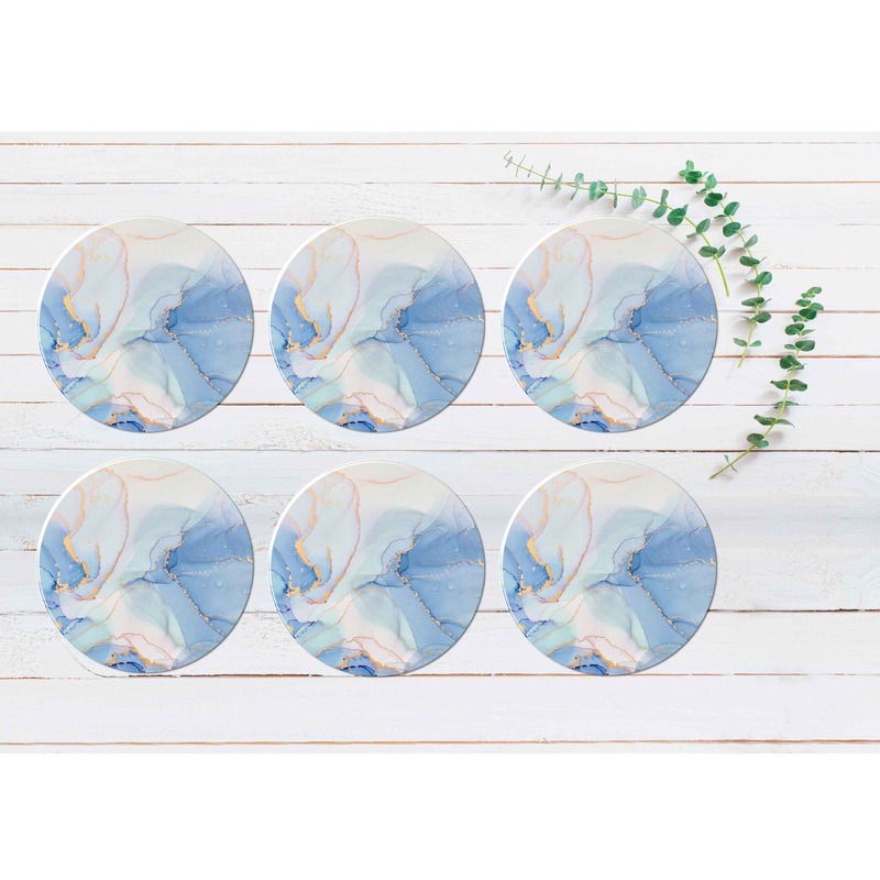 Blue White & Gold Splash Abstract Coasters Wood & Rubber - Set of 6 Coasters