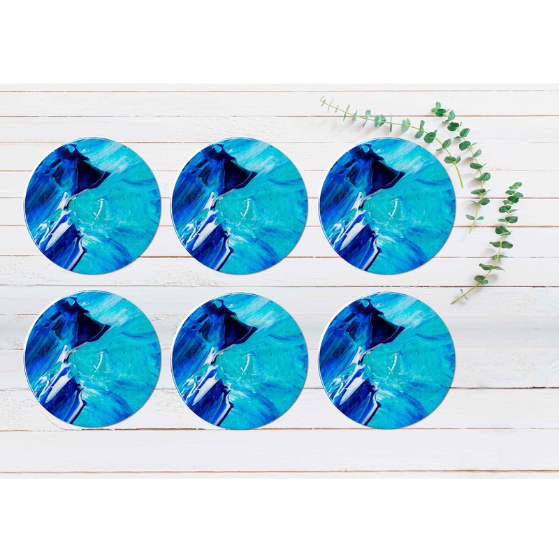 Blue White Watecolor Brush Strokes Coasters Wood & Rubber - Set of 6 Coasters