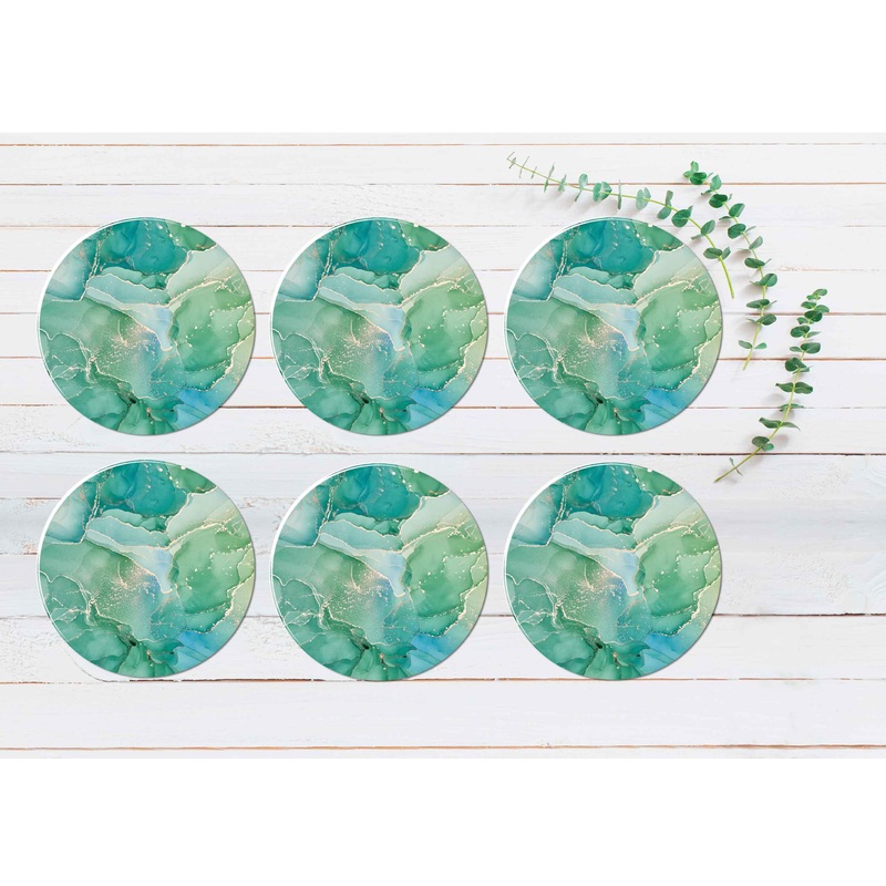Blur Green & Gold Splash Abstract Ink Coasters Wood & Rubber - Set of 6 Coasters