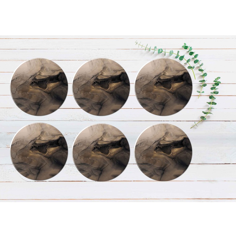 Brown Black Gold Splash Abstract Coasters Wood & Rubber - Set of 6 Coasters