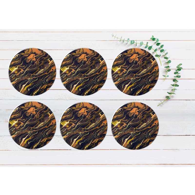 Brown Black Liquid Abstract Design Coasters Wood & Rubber - Set of 6 Coasters