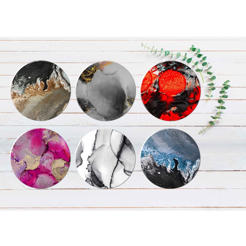 Brown Black Red Pink Blue Abstract Coasters Wood & Rubber - Set of 6 Coasters
