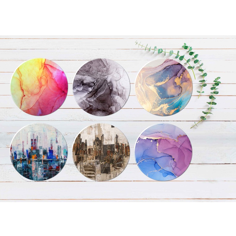 Brown Blue Pink Watercolor Abstract Coasters Wood & Rubber - Set of 6 Coasters