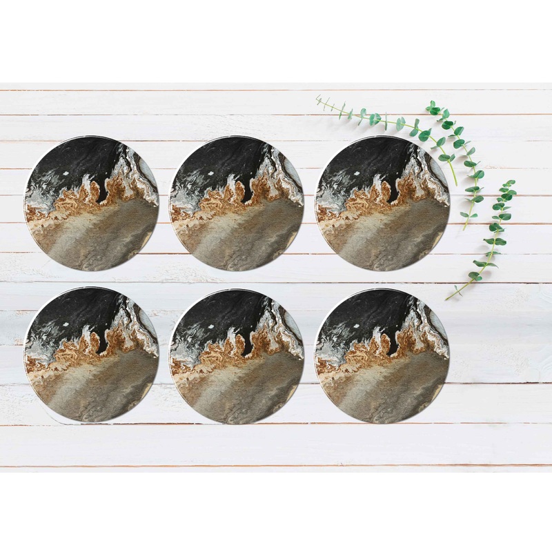 Brown Gold Black Abstract Design Coasters Wood & Rubber - Set of 6 Coasters