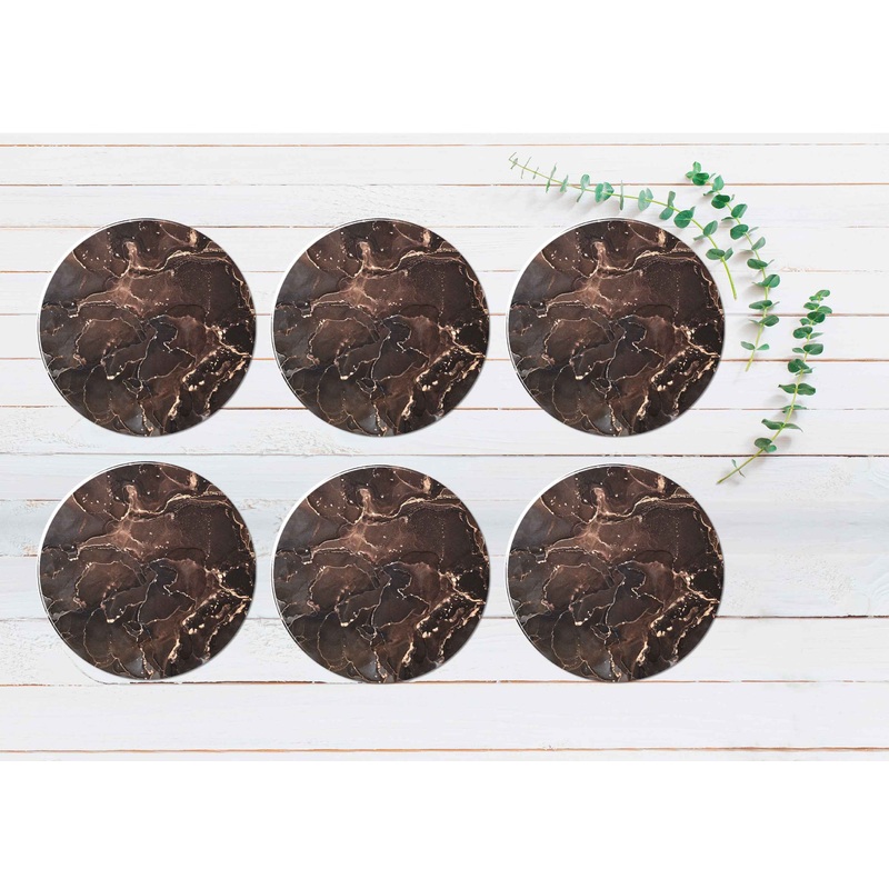 Brown Gold Lines Abstract Marble Coasters Wood & Rubber - Set of 6 Coasters