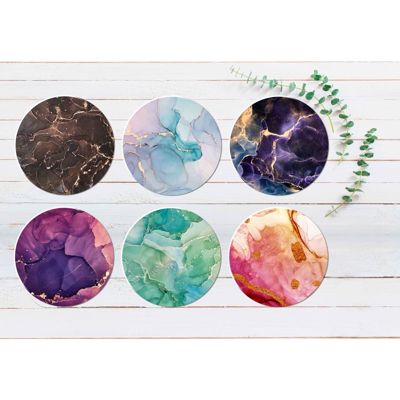 Brown Green Purple Abstract Ink Coasters Wood & Rubber - Set of 6 Coasters