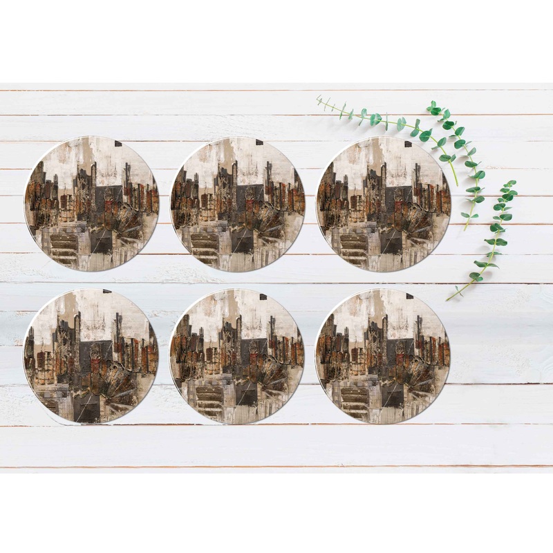 Brown Grey Abstract Wall Design Coasters Wood & Rubber - Set of 6 Coasters