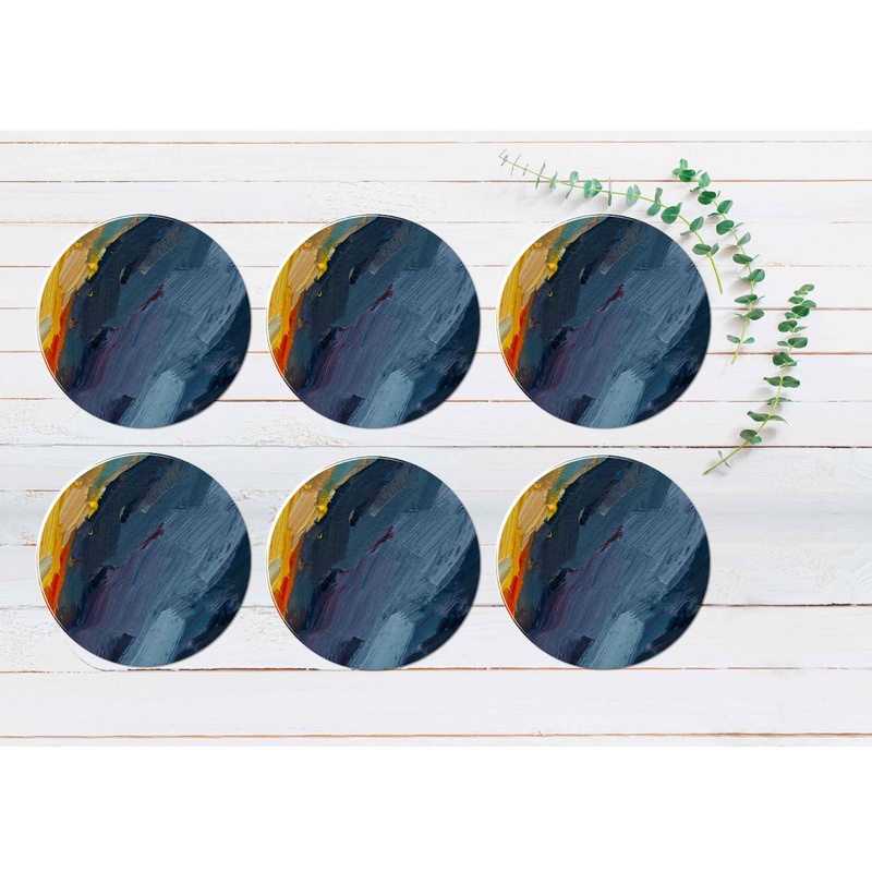 Orange Yellow Navy Blue Brush Strokes Coasters Wood & Rubber - Set of 6 Coasters
