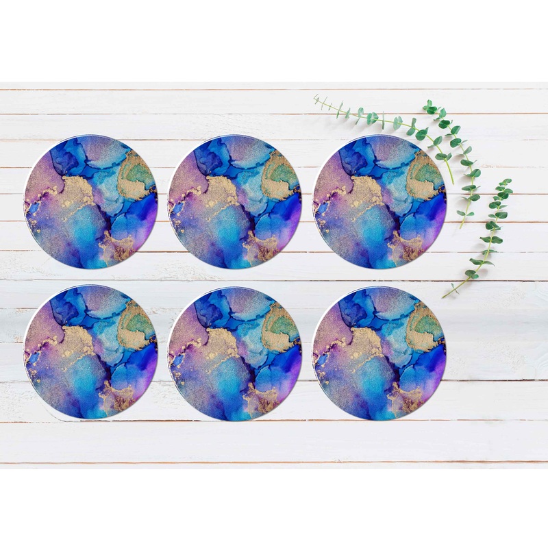 Pink Blue Gold Splash Abstract Design Coasters Wood & Rubber - Set of 6 Coasters