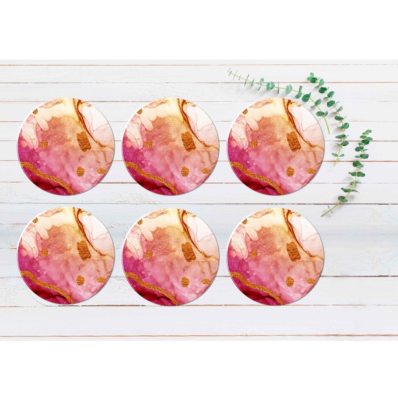 Pink Gold Lines Painting Abstract Coasters Wood & Rubber - Set of 6 Coasters