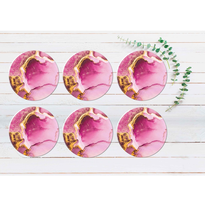 Pink Gold Splash Marble Ink Abstract Coasters Wood & Rubber - Set of 6 Coasters