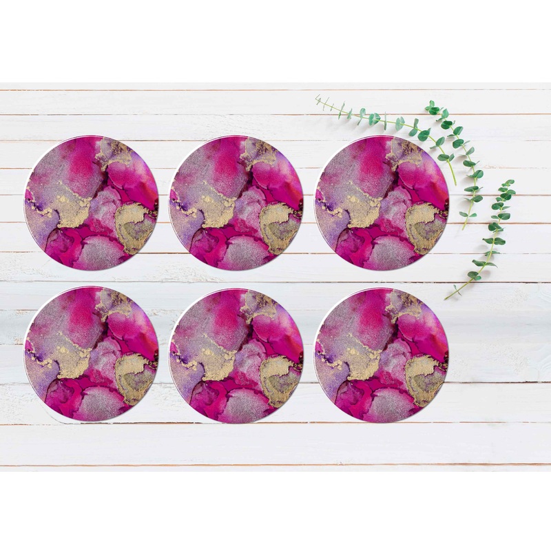 Pink & Gold Splashes Abstract Design Coasters Wood & Rubber - Set of 6 Coasters