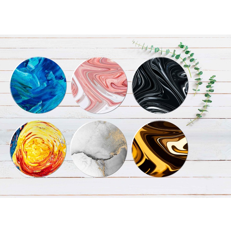 Pink Grey Yellow Gold Black Liquid Coasters Wood & Rubber - Set of 6 Coasters
