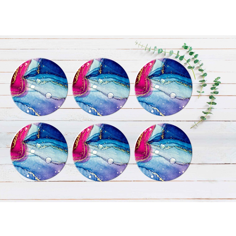 Pink Purple Blue & Gold Abstract Coasters Wood & Rubber - Set of 6 Coasters