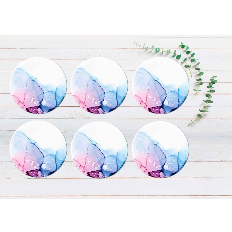 Pink Purple Blue Ink Abstract Design Coasters Wood & Rubber - Set of 6 Coasters