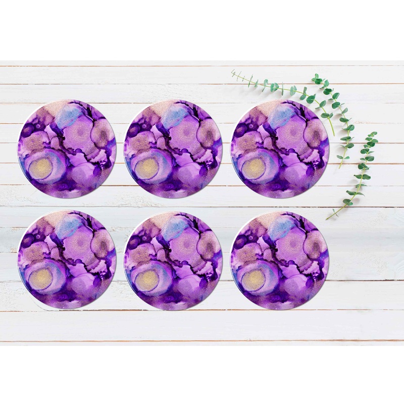 Pink Purple Blue Paint Abstract Coasters Wood & Rubber - Set of 6 Coasters