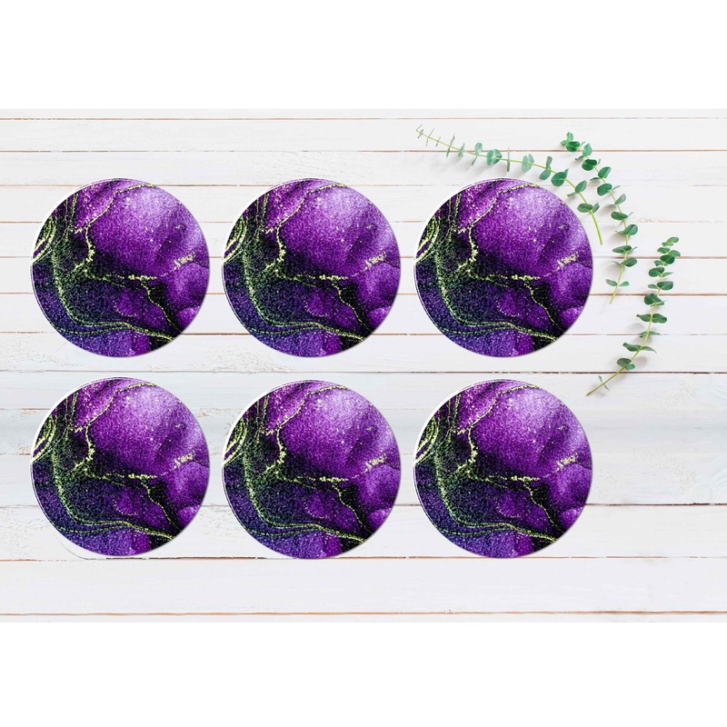 Purple Black Gold Splash Abstract Coasters Wood & Rubber - Set of 6 Coasters