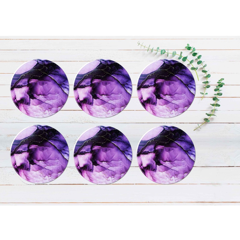 Purple Gold Lines Ink Abstract Design Coasters Wood & Rubber - Set of 6 Coasters