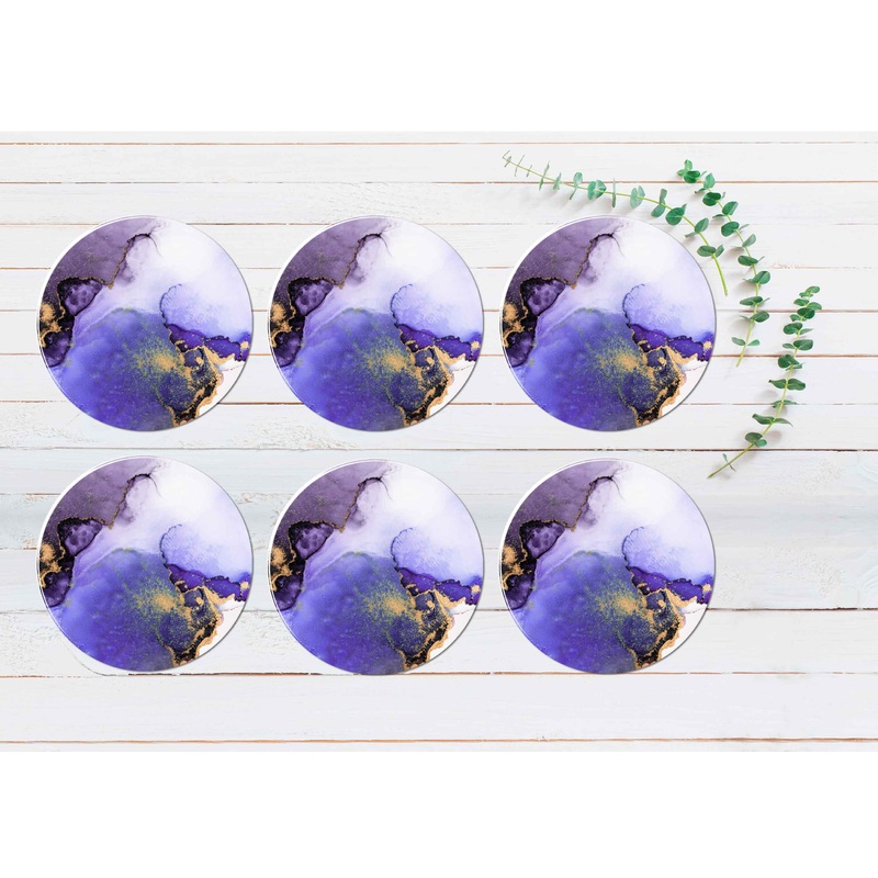 Purple Gold Splash Marble Abstract Coasters Wood & Rubber - Set of 6 Coasters