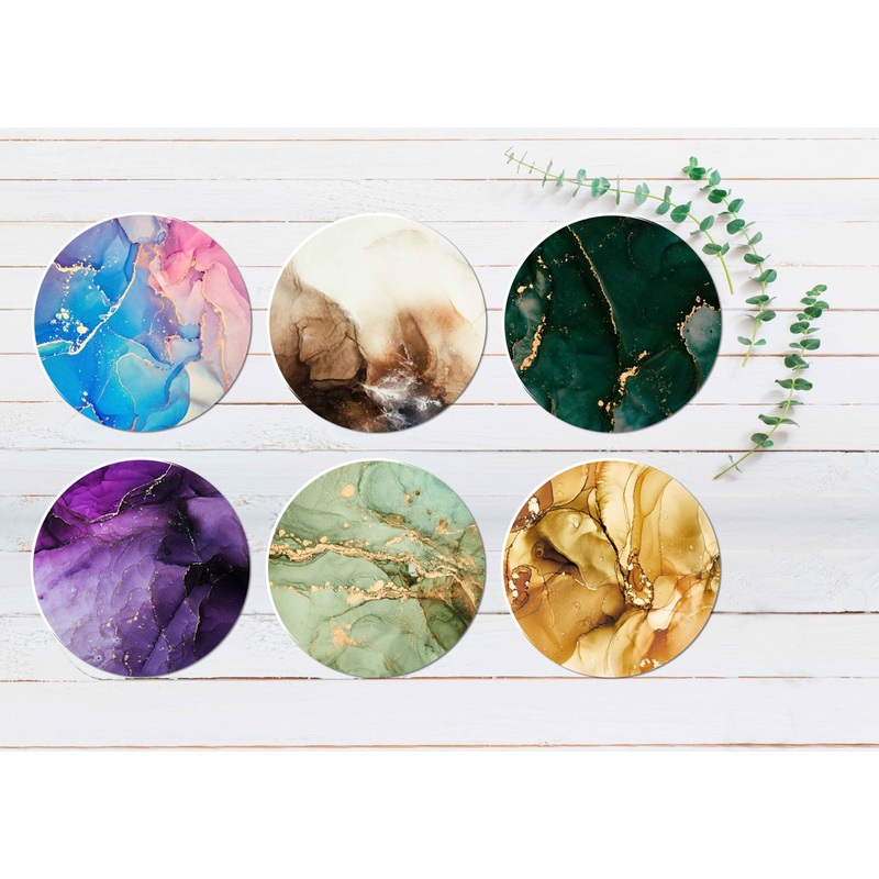 Purple Green Yellow Marble Abstarct Coasters Wood & Rubber - Set of 6 Coasters