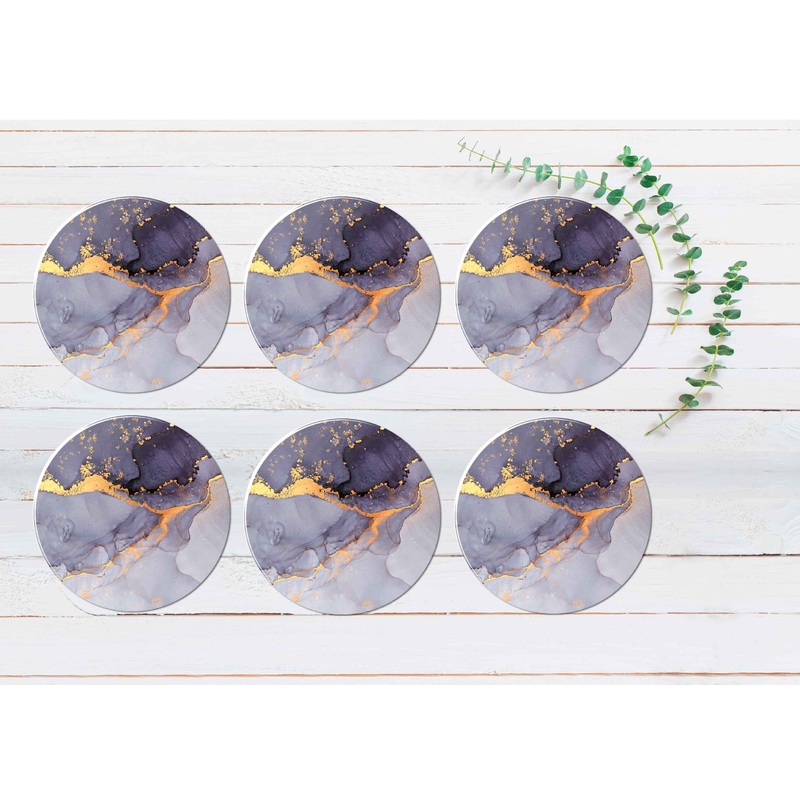 Purple Grey Gold Splash Abstract Coasters Wood & Rubber - Set of 6 Coasters