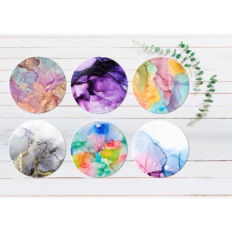 Purple Pink Black Ink Abstract Coasters Wood & Rubber - Set of 6 Coasters