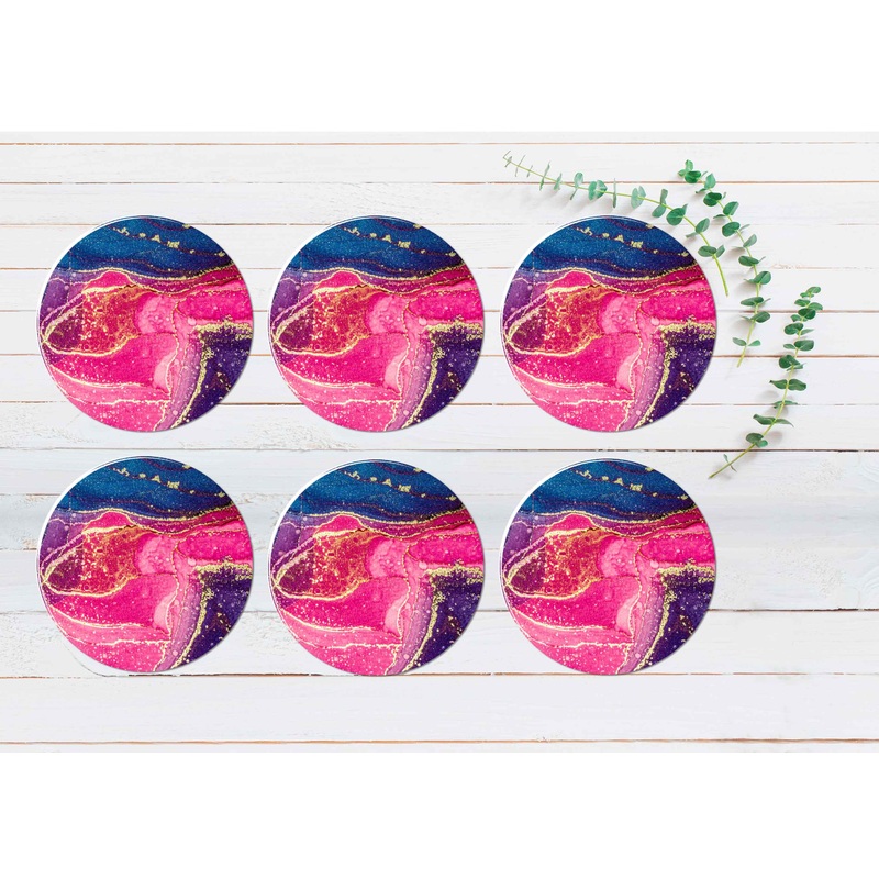 Purple Pink Blue & Gold Abstract Coasters Wood & Rubber - Set of 6 Coasters