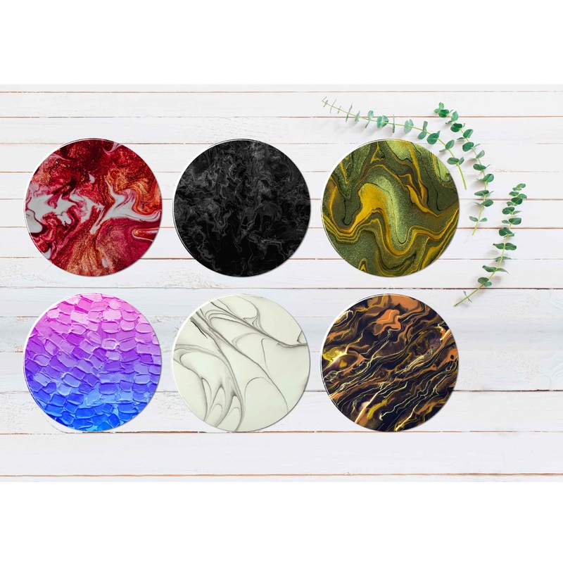 Red Green Pink Black Gold Abstract Coasters Wood & Rubber - Set of 6 Coasters