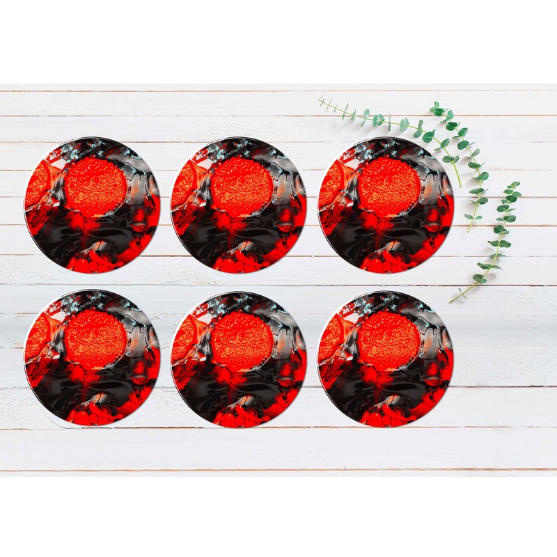 Red Orange Black Abstract Painting Coasters Wood & Rubber - Set of 6 Coasters