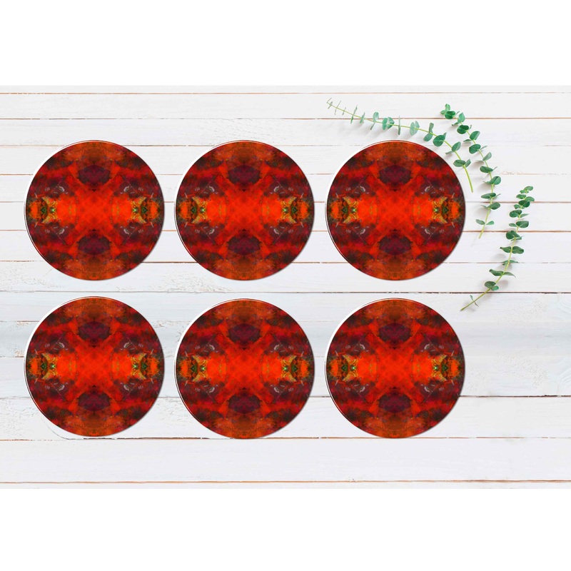 Red Pink Watercolor Abstract Design Coasters Wood & Rubber - Set of 6 Coasters