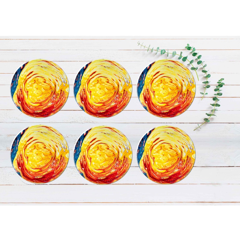 Red Yellow Blue Abstract Design Coasters Wood & Rubber - Set of 6 Coasters