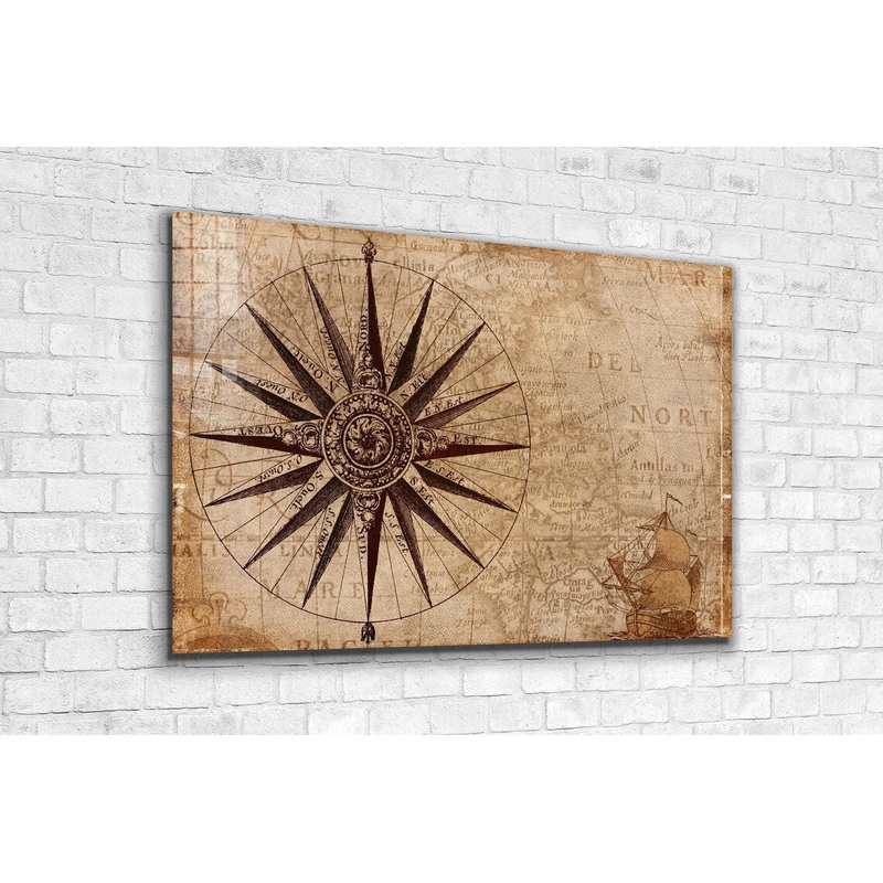 Vintage Compass Vector Print Tempered Glass Wall Art 100% Made in Australia Ready to Hang